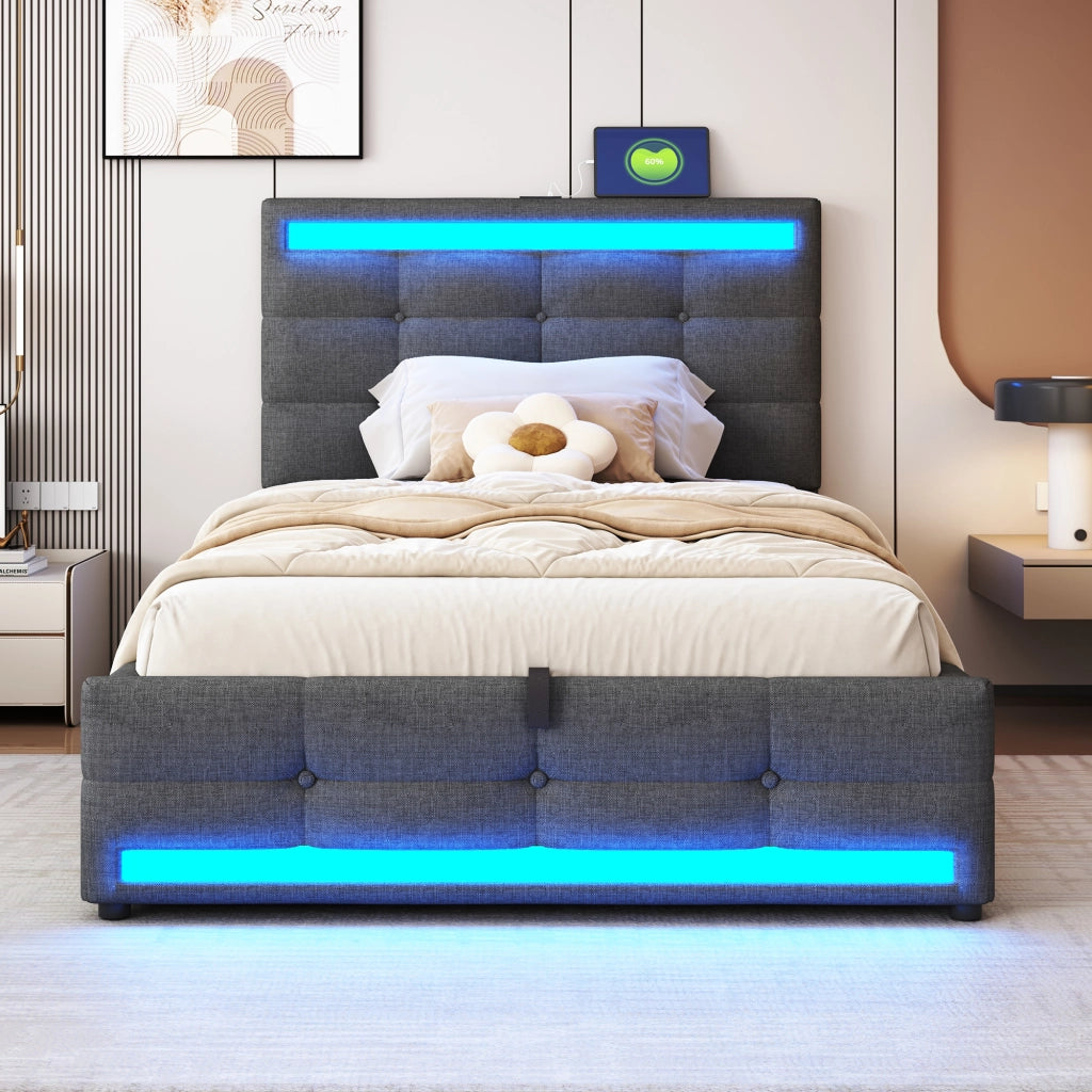 Letto imbottito 90x200 cm con luci LED RGB, porte USB, testiera regolabile e struttura salvaspazio, grigio