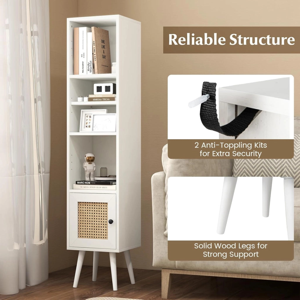 Armadio autoportante con anta in rattan, mobile a colonna con ripiano regolabile, libreria a piedi con dispositivo anti-ribaltamento, per soggiorno, sala studio (bianco)