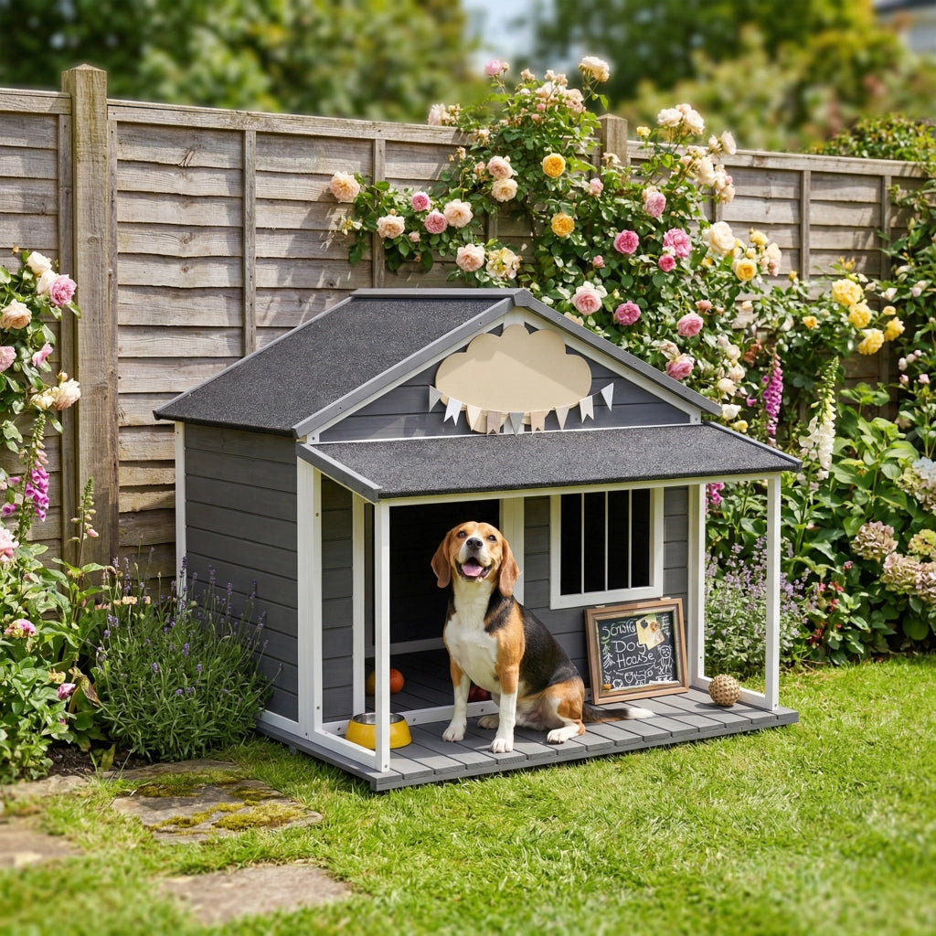 Casetta per Cani Esterno con Terrazza e Tetto in Bitume Legno 124x112x105 cm Grigio ¨C zephmum