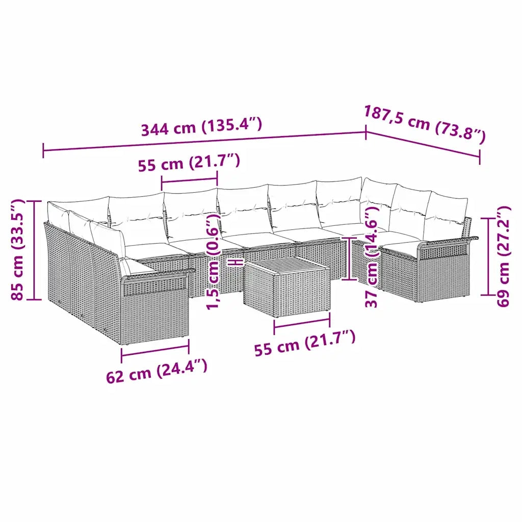 Set Divano da Giardino con cuscino 11 pcs Beige polyrattan 3347379