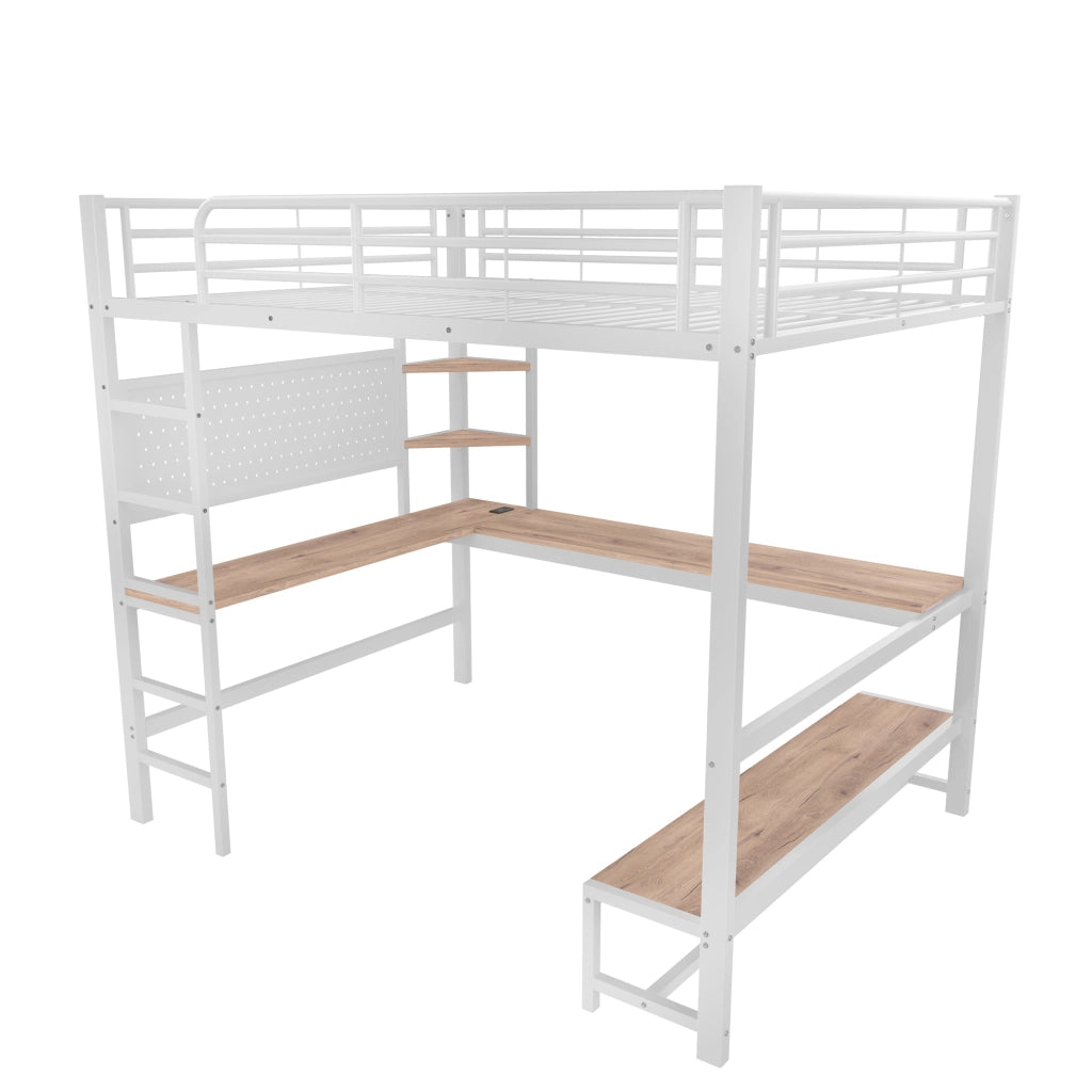 LETTO A CASTELLO 140 x 200 cm con scrivania, LED, USB-C, bianco
