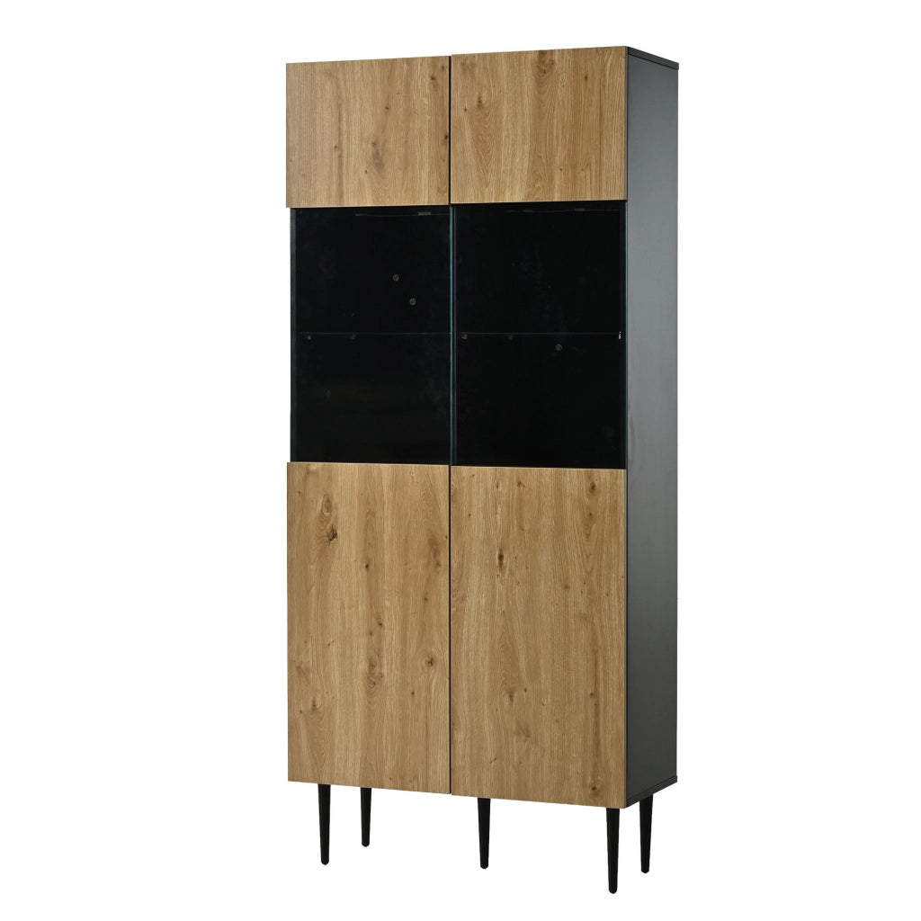 Vetrina moderna 80 x 35 x 180 cm con LED; 10 ripiani; ante in vetro temperato; nero e legno naturale