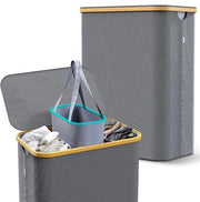 Wastino con 3 compartimenti e coperchio – 160 litri di capacità con telaio in bambù e anelli metallici robusti – Sacchi di lavaggio rimovibili e lavabili – Grigio – Capacità di carico di 20 kg