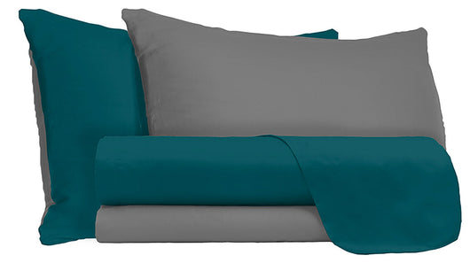 Set Lenzuola 1 Piazza e Mezzo Sopra Sotto e Federe Doubleface Verde Petrolio/Fumo
