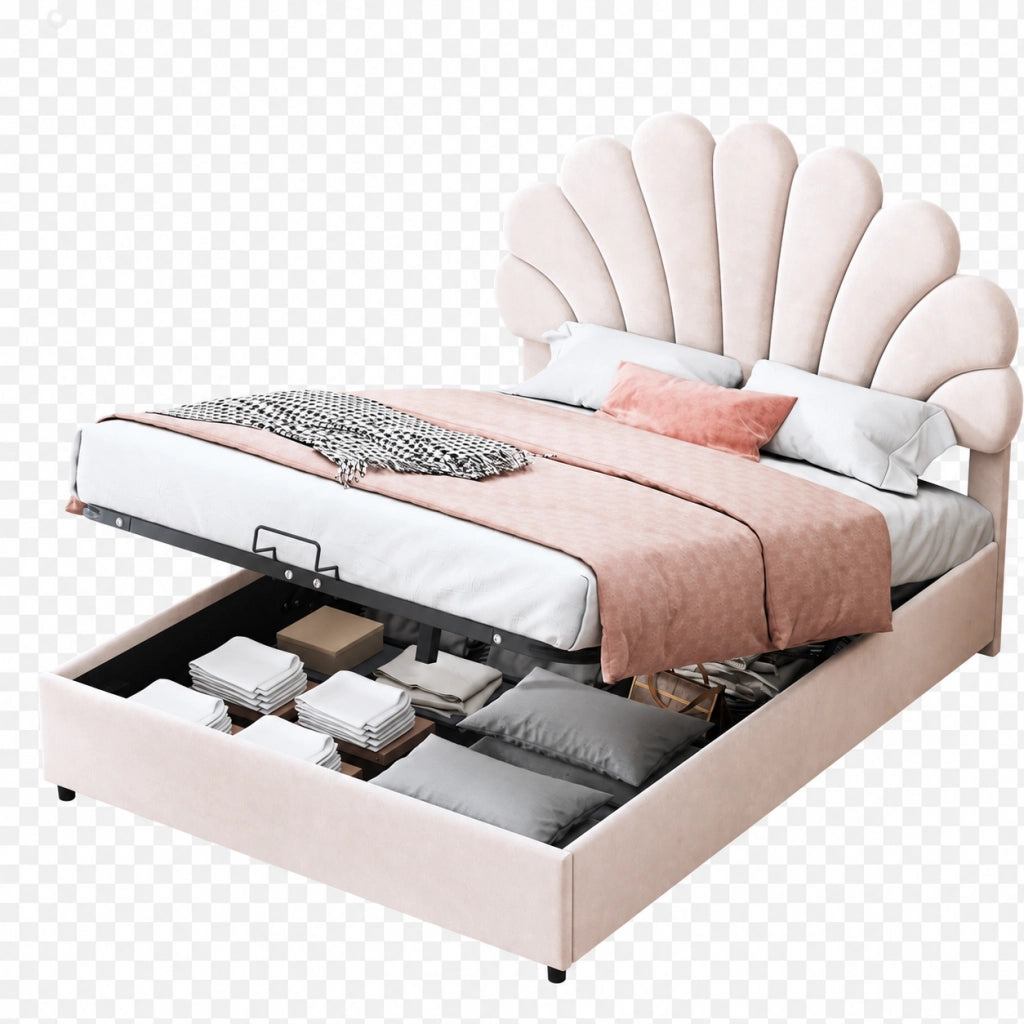 Letti contenitori 140x200 cm; contenitore idraulico; velluto; beige (Senza materasso)