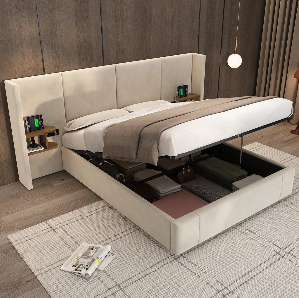 Letto contenitore 160x200 cm in velluto beige con 2 comodini; USB-A/USB-C e prese