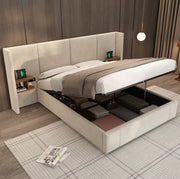 Letto contenitore 160x200 cm in velluto beige con 2 comodini; USB-A/USB-C e prese