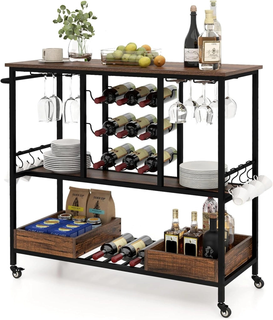 Carrello da Cucina con Ruote, Carrello di Servizio con Portabottiglie, Portabicchieri Ganci, Carrello Portaoggetti a 3 Ripiani per Bar, Casa, Cucina, 108 x 40 x 91 cm (Grigio)