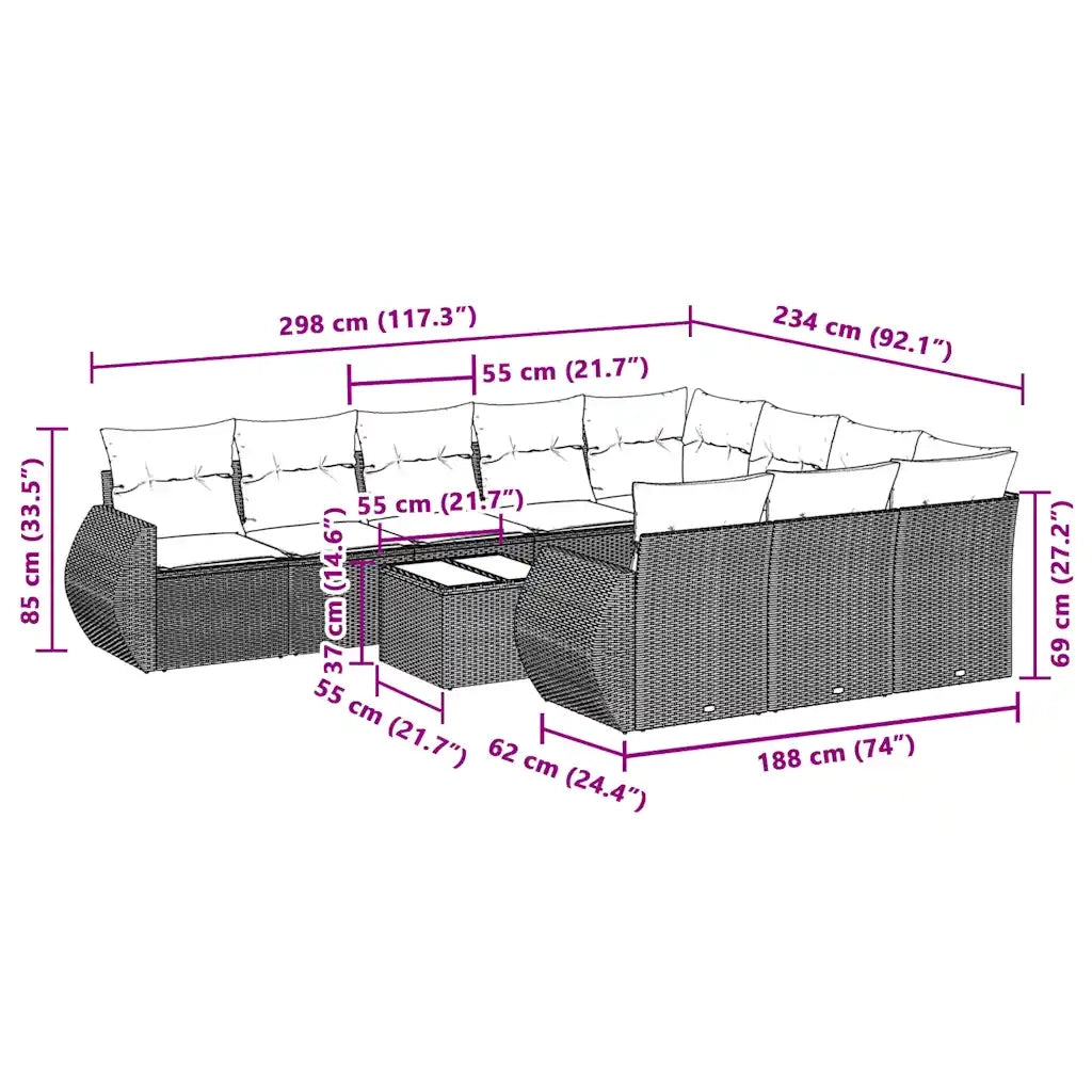 Set Divani da Giardino 11 pz con Cuscini in Polyrattan Grigio