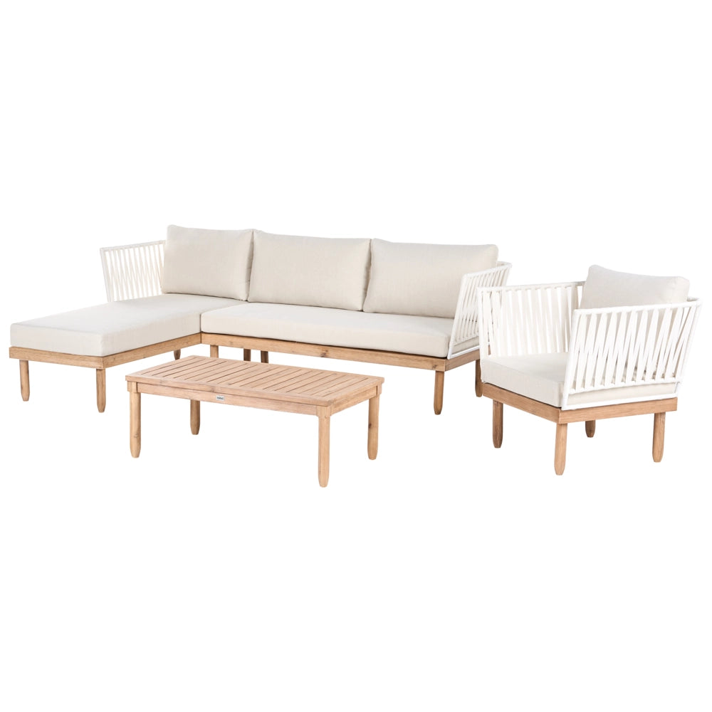 Set Lounge da Esterno in Legno di Acacia con Cuscini Bianchi Poltrona in Rattan Sintetico e Tavolino 4 Posti Destro