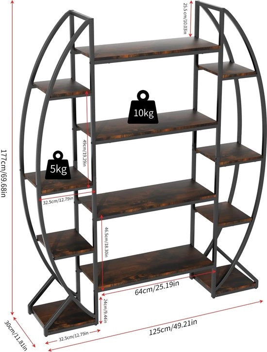 Pianta a 5 livelli - Piantagione a forma di mezzaluna - Piantagione per piante grandi a forma ovale curva - Per interni - Per salone e balcone - Nero - Legno