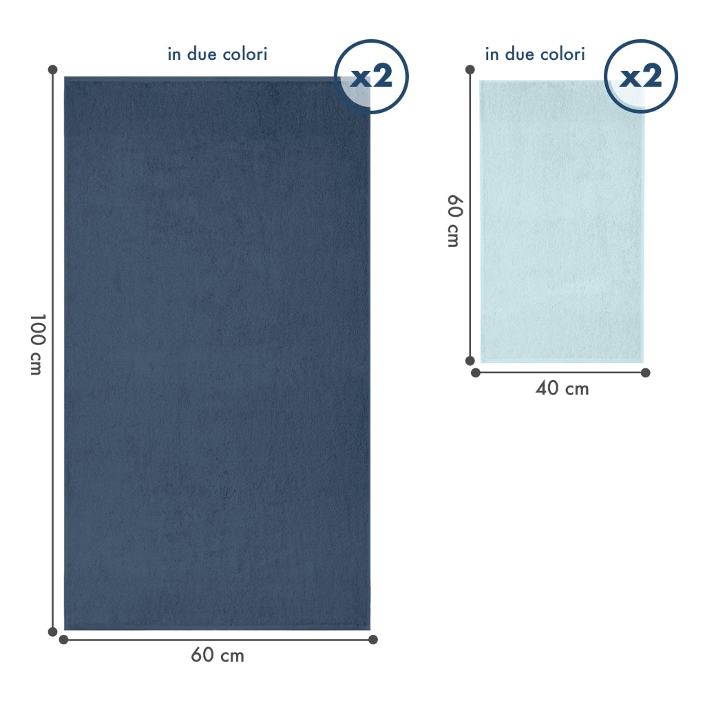Asciugamani Bagno 100% Spugna Puro Cotone 500 Gr 4 Pezzi 2 Salvietta Viso 2 Asciugamano Ospite Mani Qualità Certificato Oeko-Tex Salviette Super Morbide Bicolore BluJeans/Cielo