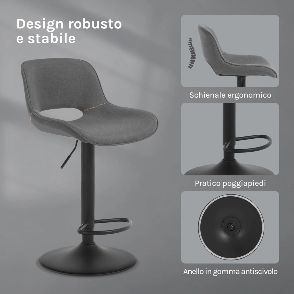 Sgabello da Cucina, Sedia da Bar in Lino, Sgabello Regolabile in Altezza, con Schienale, Seduta Imbottita Girevole a 360°, per Bistrot, Cucina, Pub, Base in Metallo, Grigio, BH438gr-1