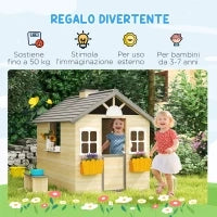 Casetta Bimbi 3-7 Anni a 2 Finestre con Portavasi e Panchina, in Legno di Abete e PP, 113Lx94x134.5 cm