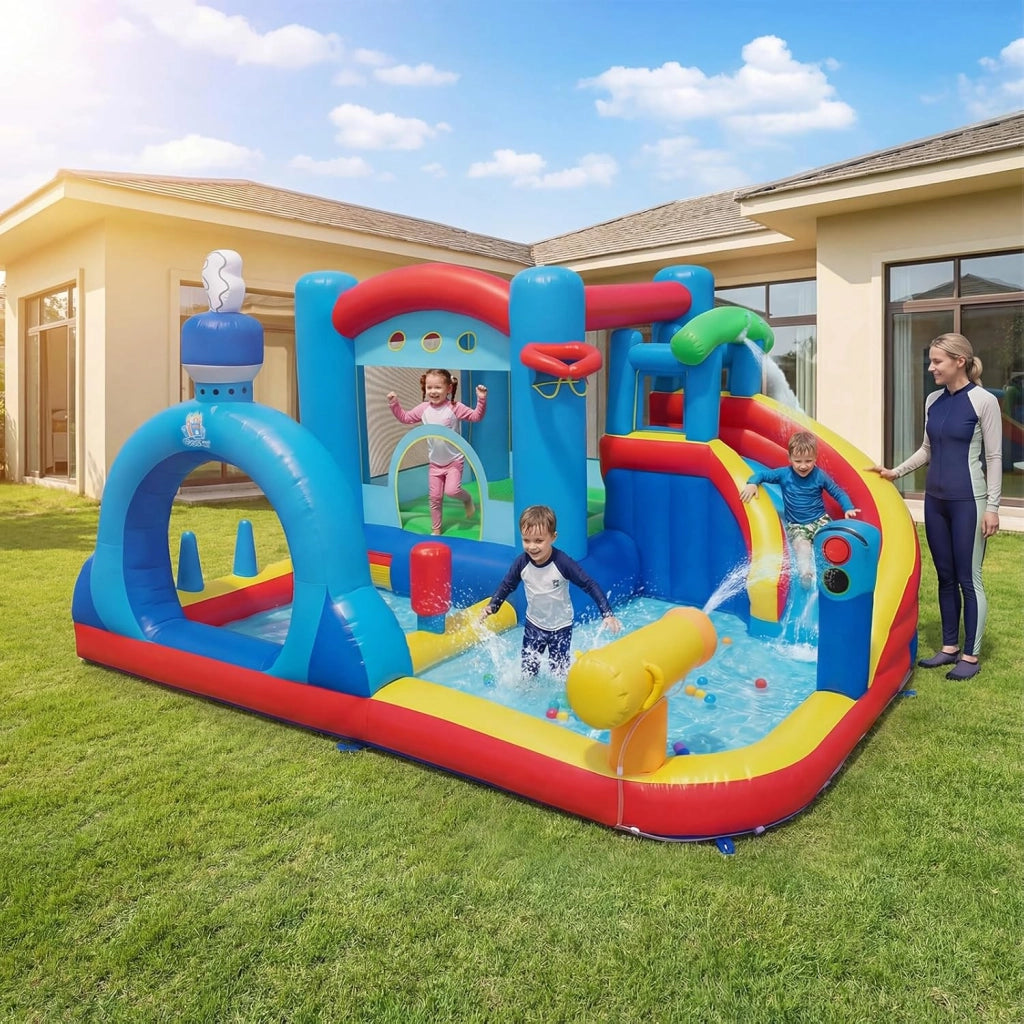 Castello Gonfiabile per Bambini, Casa Gonfiabile con Piscina, Cannone d'Acqua, Gioco con Anelli, Gioco a Bersaglio e Parete d'Arrampicata, Parco Acquatico da 3-12 Anni per Esterno