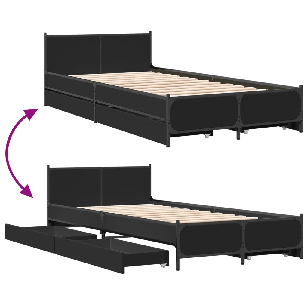 Letto singolo | Letto per adulti | Giroletto con Cassetti Nero 75x190 cm in Legno Multistrato
