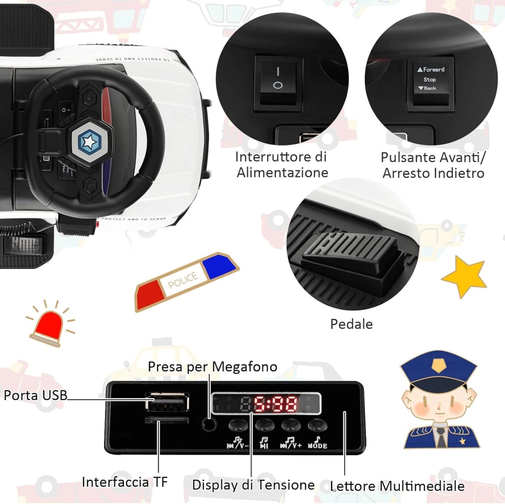 Auto Elettrica per Bambini, Auto della Polizia Giocattolo con Clacson Luce di Avvertimento e Suono della Sirena, Velocità 3 km/h, per Bambini 18-60 Mesi (Bianco)