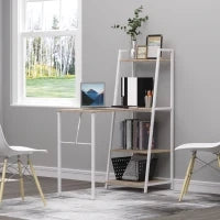 Scrivania Pieghevole con Libreria a 4 Livelli, Scrivania Salvaspazio in Metallo e Legno, 106x48x128cm, Rovere