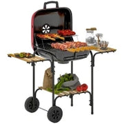 Barbecue a Carbone con 3 Ripiani e Ruote, Coperchio con Presa d'Aria Regolabile, Rosso