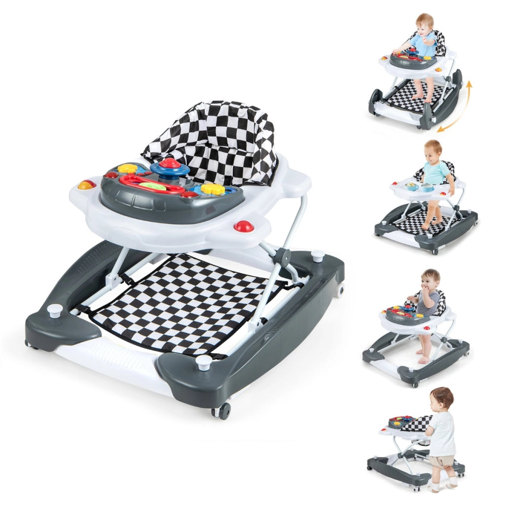 Girello per bambini con altezza regolabile vassoio musicale rimovibile, Centro attivit¨¤ per bambini di 6+ mesi Grigio-Primi passi
