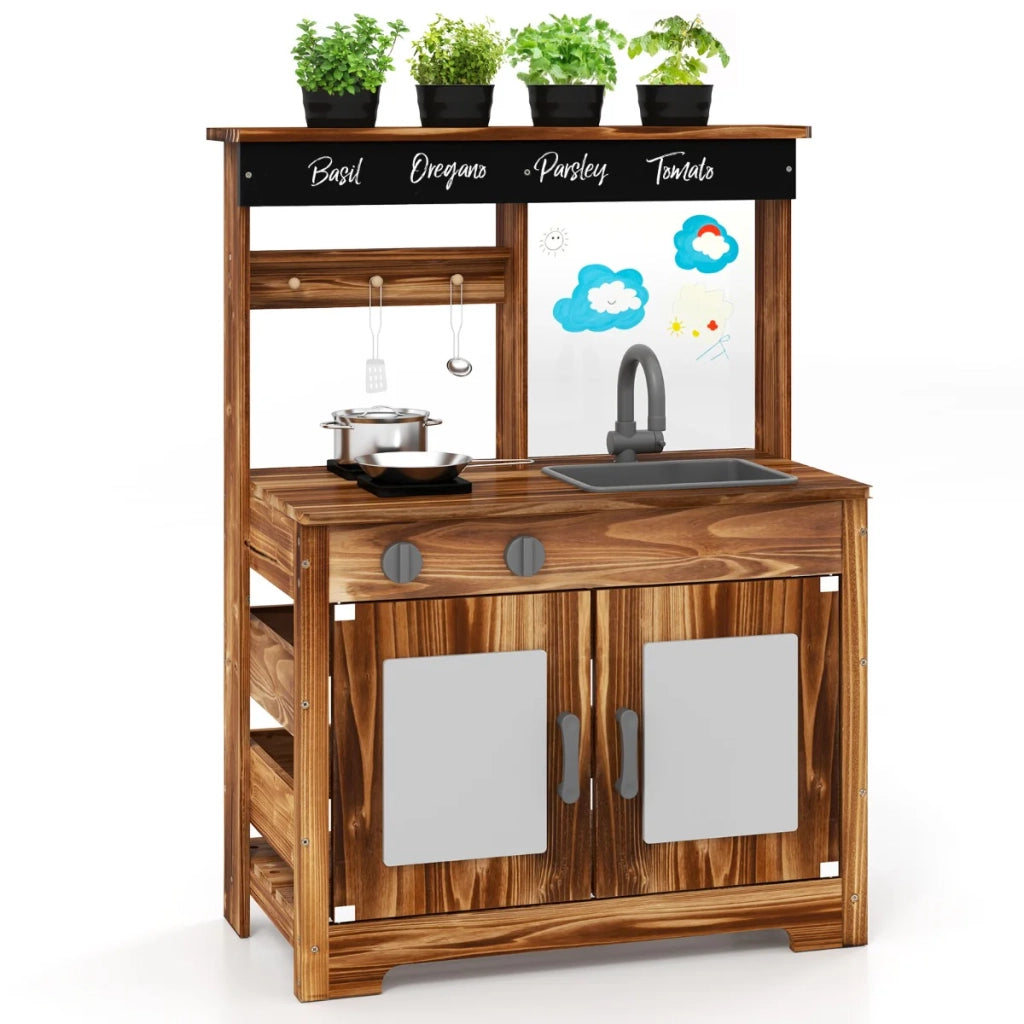 Cucina giocattolo in legno per bambini 68 x 35 x 97 cm con lavello estraibile e vasi da fiori in stile esterno in legno di abete marrone 20_0011599