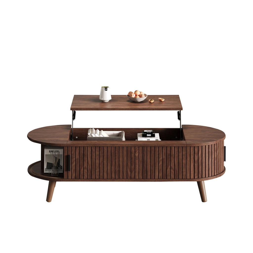 Tavolino da salotto elevabile con vano contenitore e 4 ripiani; in MDF; stile noce; per soggiorno; 120×50×39.5 cm