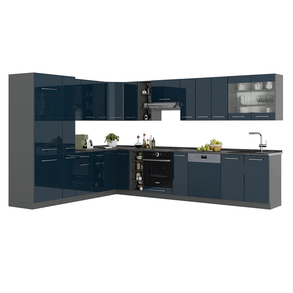 Cucina angolare completa Fame-Line Blu scuro lucido/Antracite 347 x 60 cm, PL Rovere Vicco