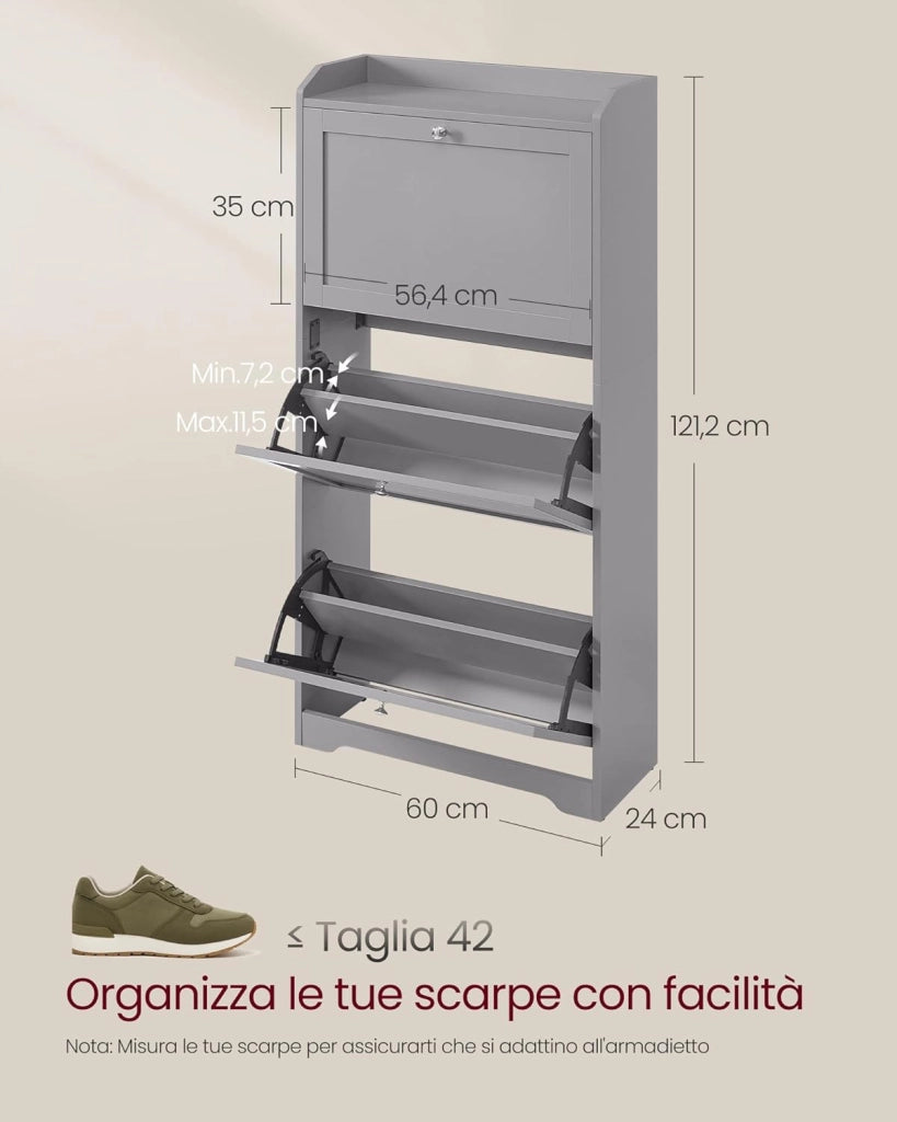 VASAGLE Scarpiera con 3 Scomparti a Ribalta, Scarpiera Salvaspazio, Divisori Regolabili, Portascarpe per fino a 12-20 Paia di Scarpe, Ingresso Corridoio, 24 x 60 x 121,2 cm, Grigio Tortora LBC036GD01