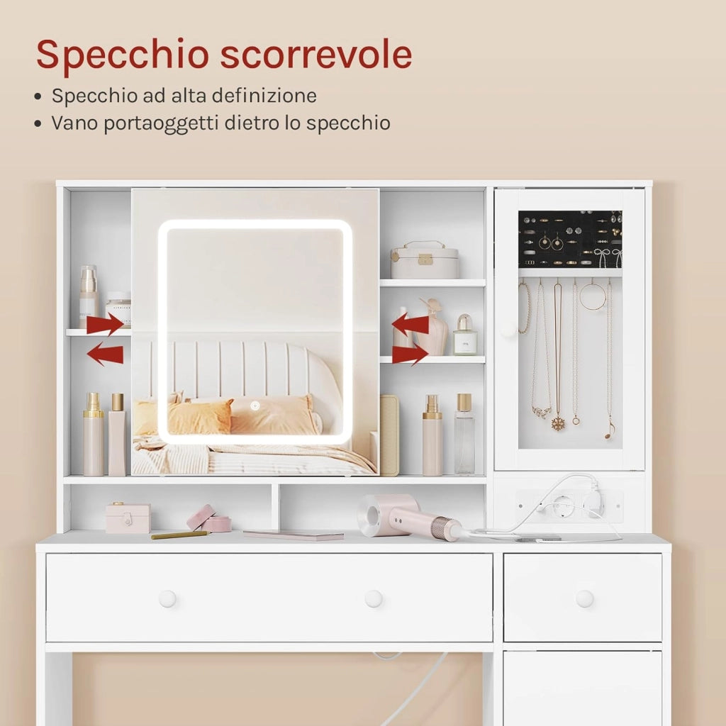 WOLTU Toeletta con Cassetti per Gioielli e Grande Specchio, Sedia da Make Up, Seduta Imbottita, Specchio a Luce LED Regolabile, Tavolo da Trucco con Prese, Cassetti e Ripiani, Bianco