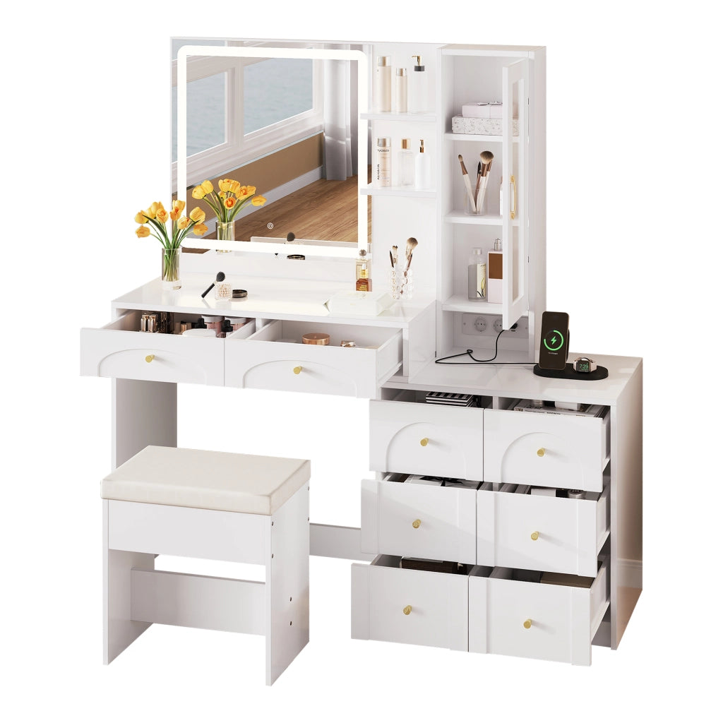 Tavolo da trucco moderno con specchio LED, 8 cassetti, vetrinetta in vetro e sgabello
