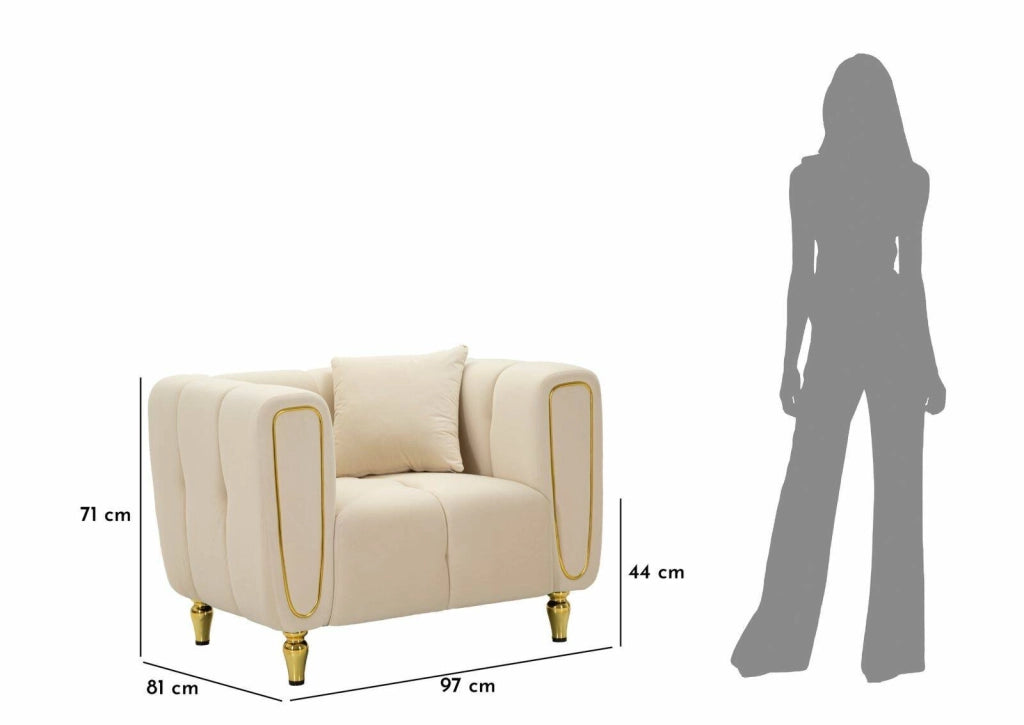 Poltrona Madama, Seduta imbottita, Divano singolo da salotto, Sedia con braccioli, 81x97 h71 cm, Crema e Oro