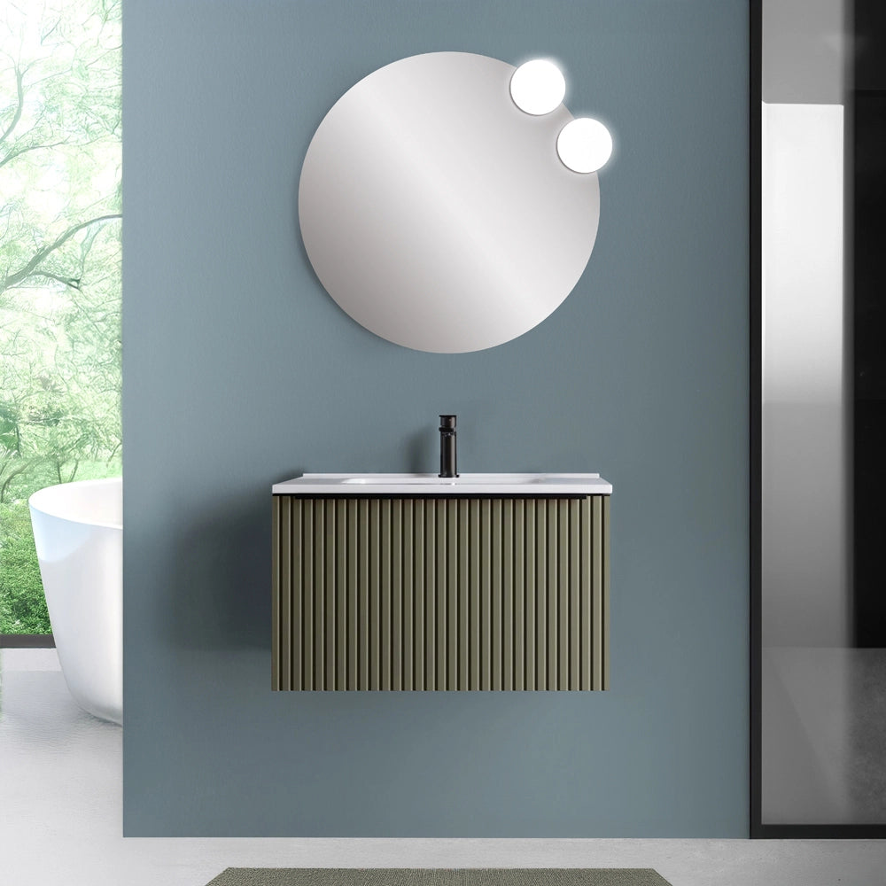 Mobile bagno sospeso 80 cm verde opaco cannettato con cassetto e lavabo Nara