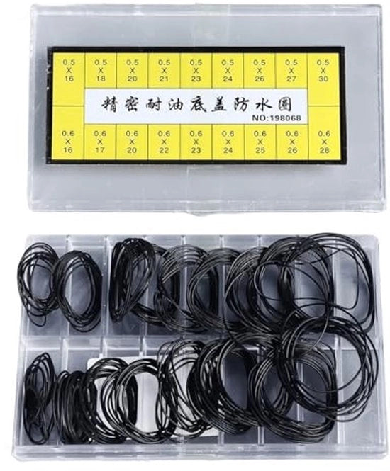 Set di O-ring per orologeria - 180 pezzi - Impianto idrorepellente - Adatto per la riparazione di orologi - Nero