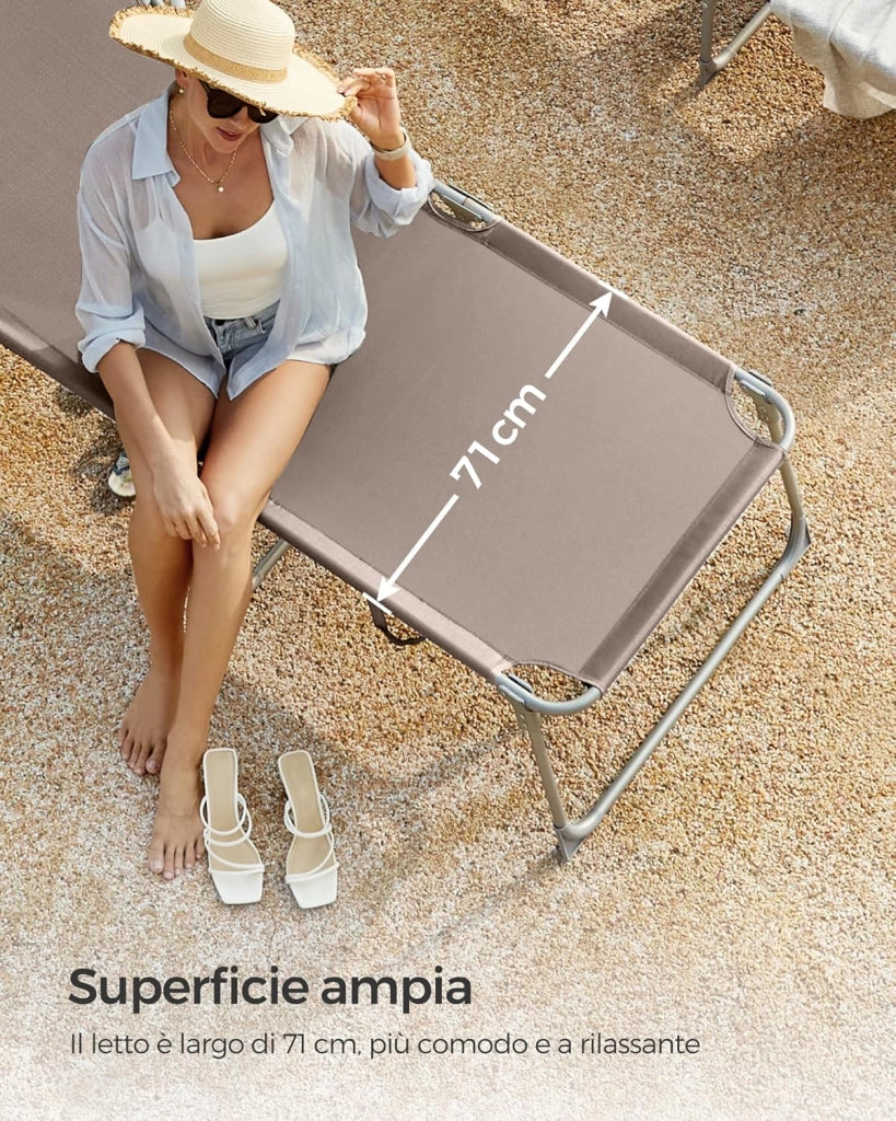 SONGMICS Lettino Prendisole Largo, Sedia a Sdraio Pieghevole, 71 x 200 x 38 cm, Max Portata 150 kg, con Poggiatesta Parasole e Schienale Reclinabile, per Terrazzo Piscina Giardino, Tortora GCB022K01