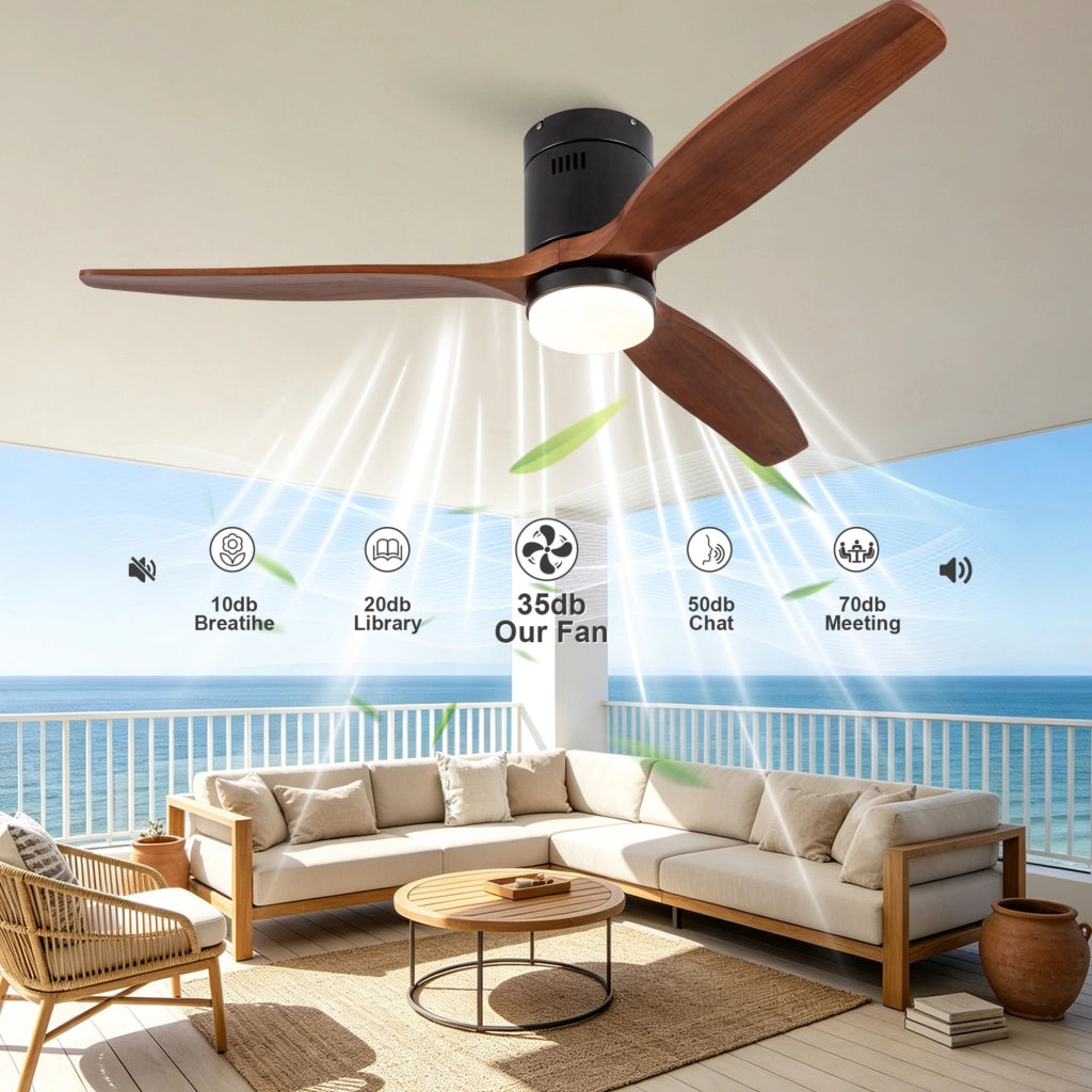 Ventilatore da soffitto 52" a 3 pale in legno massello con LED dimmerabile; nero e noce scuro