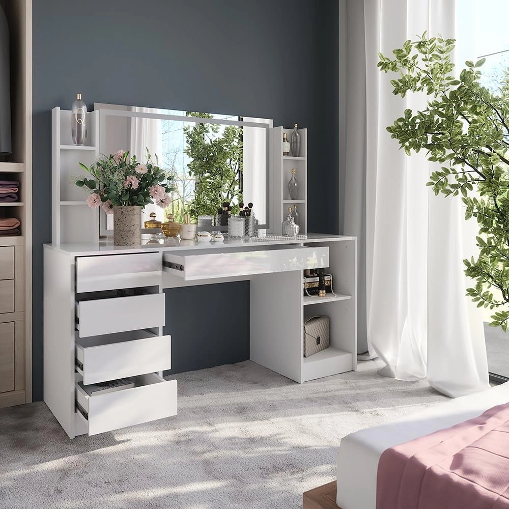 Tavolo da toeletta Sherry, Bianco/bianco lucido, 158.2 cm 4 parti
