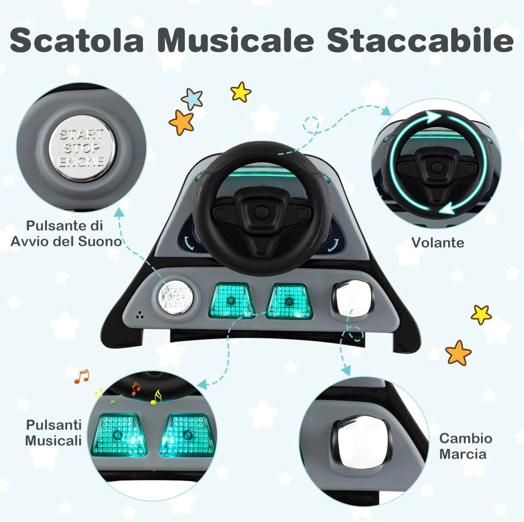 6 in 1 Girello per Bambini, Girello Pieghevole con Altezza Regolabile a 3 Livelli, Scatola Musicale Rimovibile, Vassoio per Alimenti, Portata 12 kg, per Bambini di 6-18 Mesi (Grigio)
