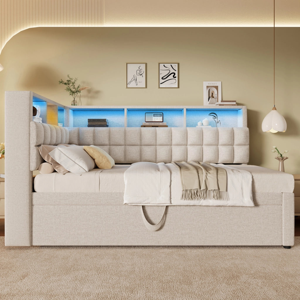 Letto con letto estraibile 90 × 200 cm con testiera a L LED Bluetooth USB e USB-C beige senza materasso