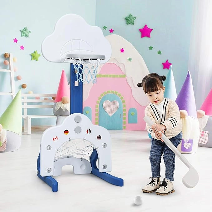 Basket per Bambini Centro attività Multifunzione - Palla Canestro, Calcio e Golf, Mazza da Golf e Palle incluese, per Bambini, Altezza Regolabile (Nuvola Bianca)
