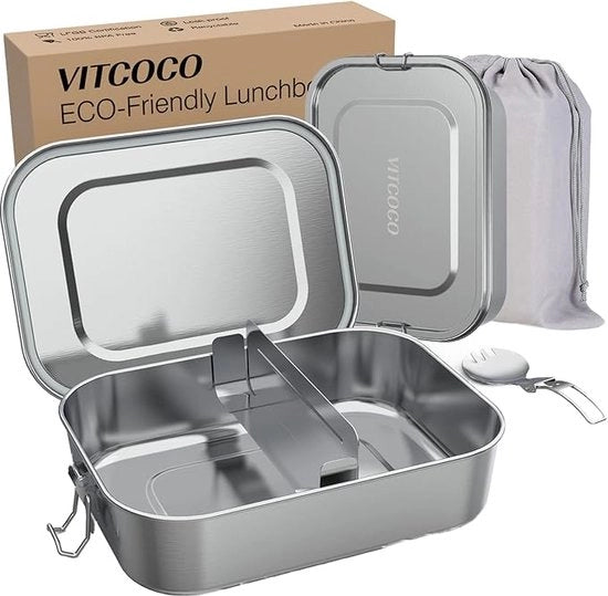 Lunch Box in Acciaio Inox - 1200 ml - Con Compartimento - Resistenze All'Uso - BPA-Vrij - Resistenze All'Acqua Calda - Dimensioni 19,5 x 14,5 x 6,5 cm