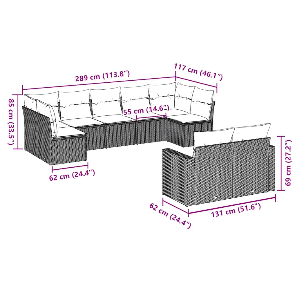 Set Divani da Giardino 9pz con Cuscini Marrone in Polyrattan 3219413