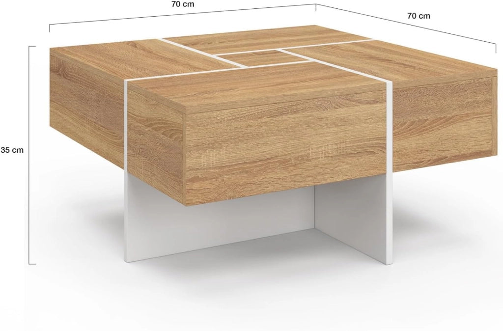 Tavolino quadrato Talia 70 cm con cassetti Legno e Bianco