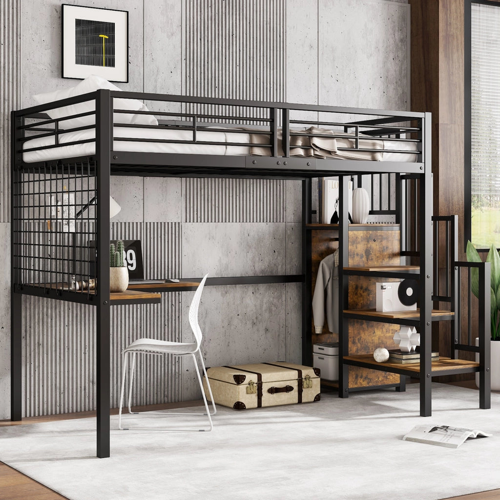 Letto a castello funzionale in ferro e MDF nero e noce scuro 90x200 cm