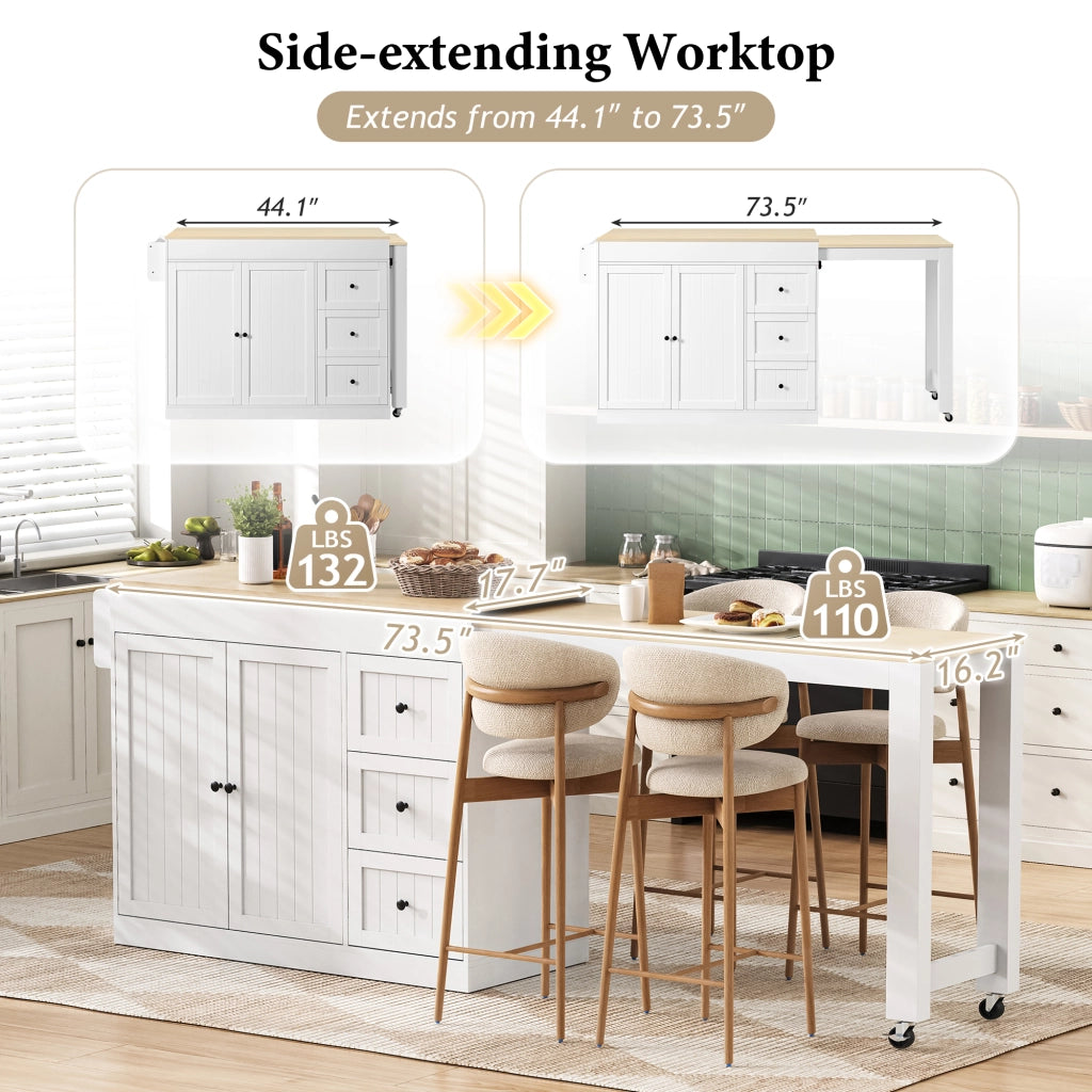 Isola da Cucina con 3 Cassetti; Portaspezie e Piano Estensibile con Ruote; in MDF; Bianco; 112-186.8 x 45 x 93 cm
