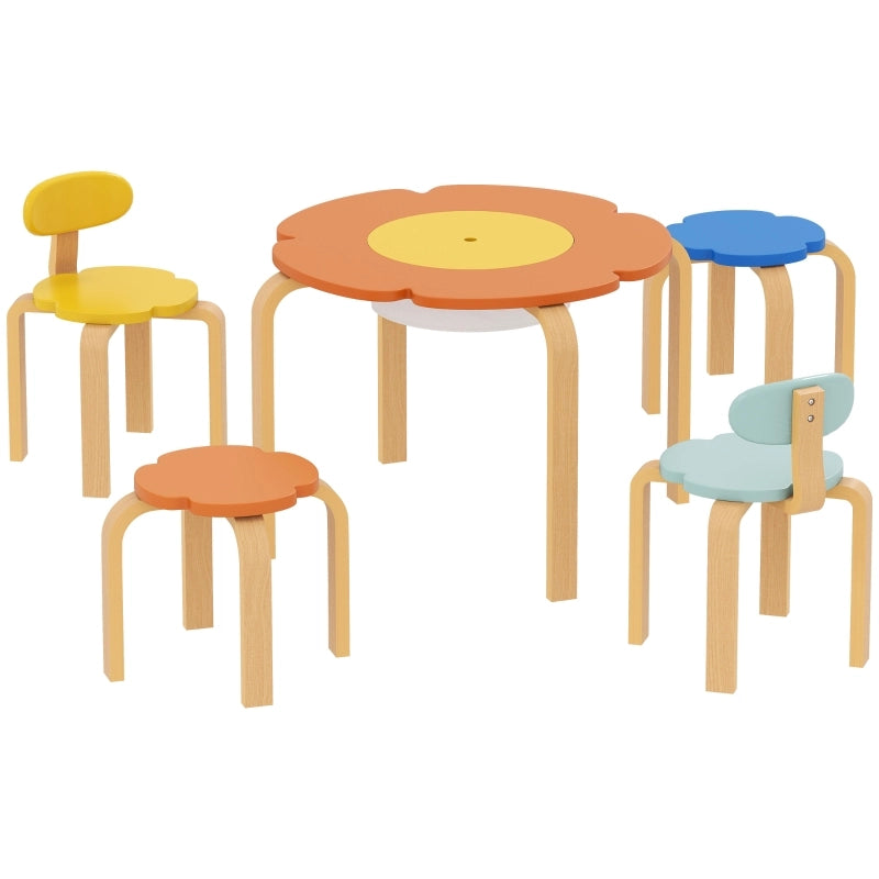 Set tavolo e 4 sedie per bambini con contenitore centrale, forma floreale, multicolor, in legno
