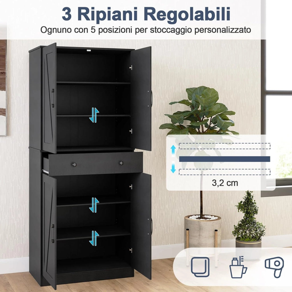 Credenza Alta da Cucina, Mobile Dispensa in Legno con 3 Ripiani Regolabili, 1 Cassette e 4 Ante, Armadio Moderno per Cucina, Soggiorno, Sala da Pranzo, 77 x 39 x 183 cm (Nero)