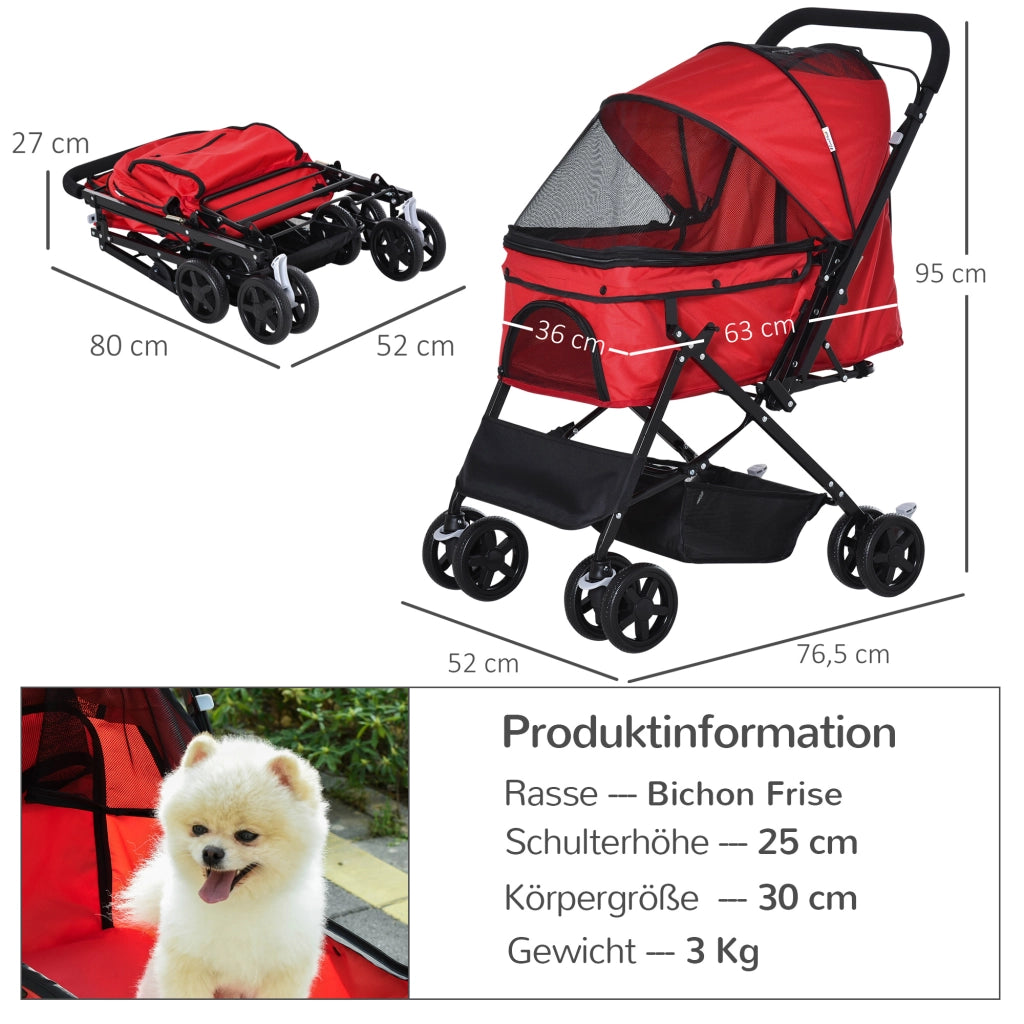 Carrello pieghevole con grande cesta per piccoli cani, cappottina regolabile, finestre in rete, in poliestere rosso