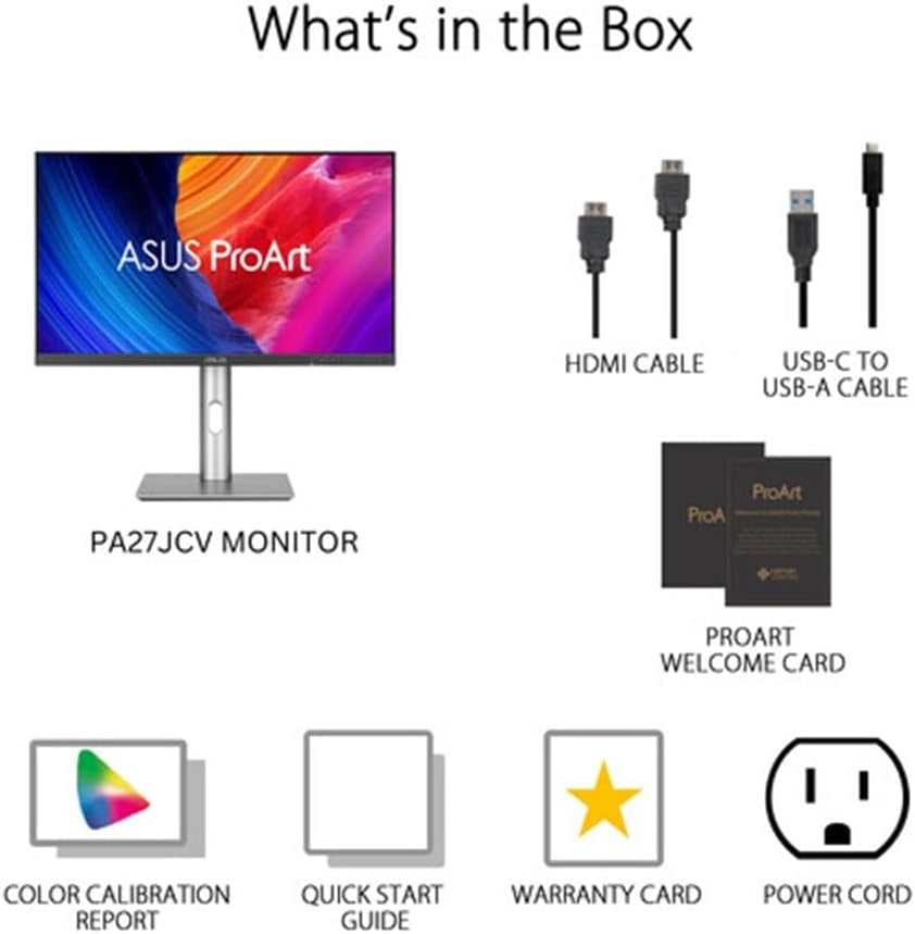 ASUS ProArt PA27JCV Display 27", 5K Ultra HD IPS (5120x2880), HDMI, DisplayPort, Hub USB, Accuratezza del Colore ΔE < 2, 100% sRGB, Nero e Argento
