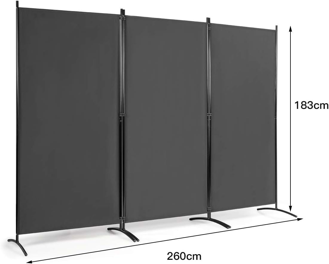 Paravento da Interno in Metallo, Separé Divisorio Interno Pieghevole con Piedini Stabili, Pannelli Divisori per Interni per Casa e Ufficio, 260 x 183cm, 3 Pannelli, Grigio