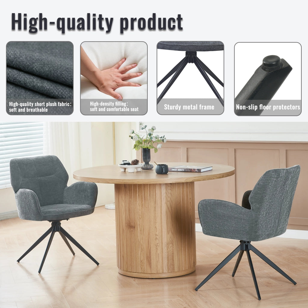 Set di 2 sedie girevoli da pranzo - con braccioli - in chenille e metallo - grigio scuro